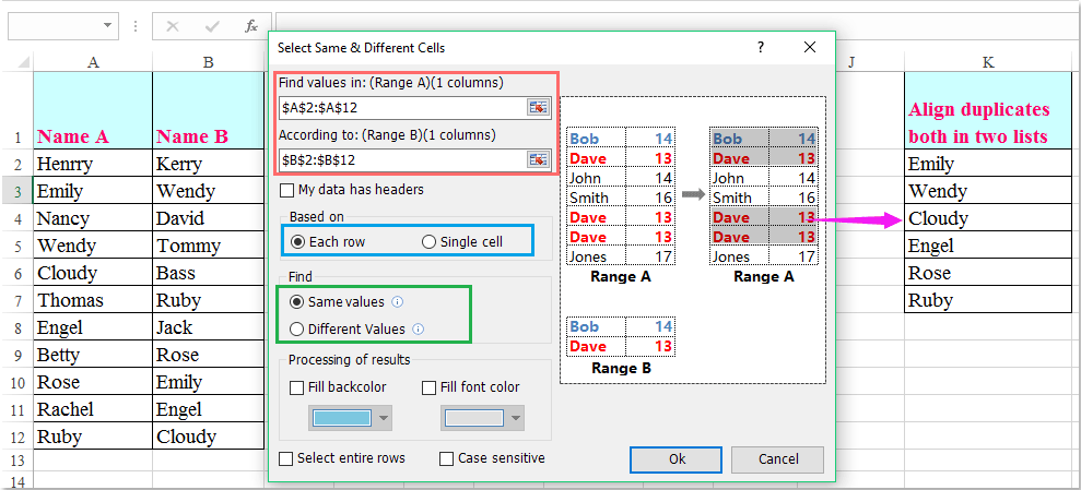 in excel matching two values columns align to How align two or matching columns duplicates values in