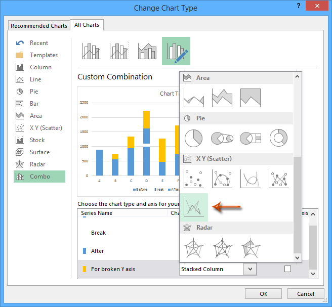 How to break chart axis in Excel?