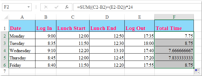 calculate timesheet with lunch