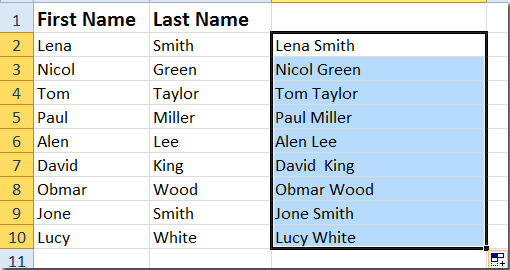 How to quickly combine the first and last names in one 