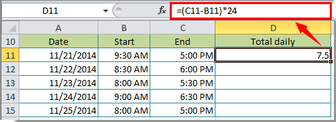 working hours excel