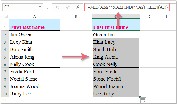 How to flip the first and last name in cells in Excel 