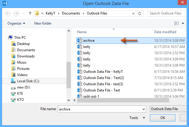 outlook 2013 archive