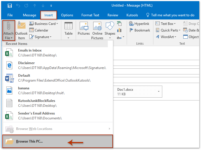 How To Attach Recent Documents items In An Email In Outlook 